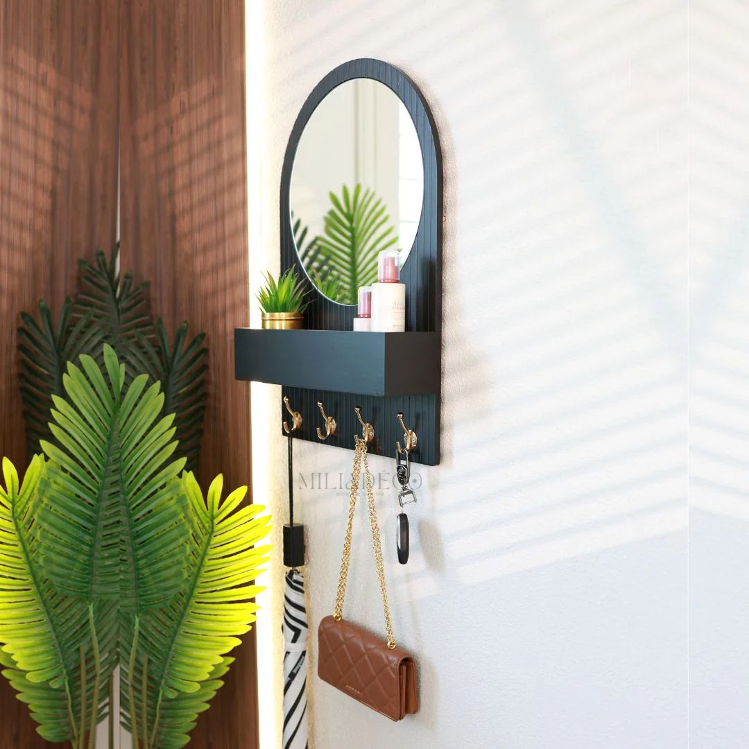 Organisateur d'entrée avec miroir rond, double crochet et étagère