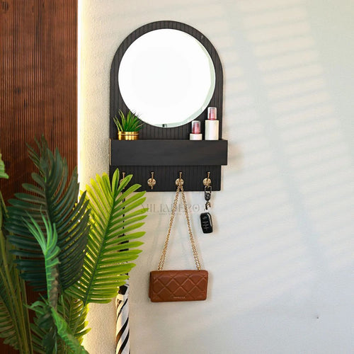 Organisateur d'entrée avec miroir rond, double crochet et étagère