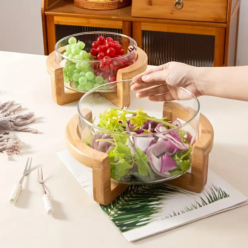 🥗 Plateaux de Fruits & Salades en Verre avec Base en Bambou 🌿