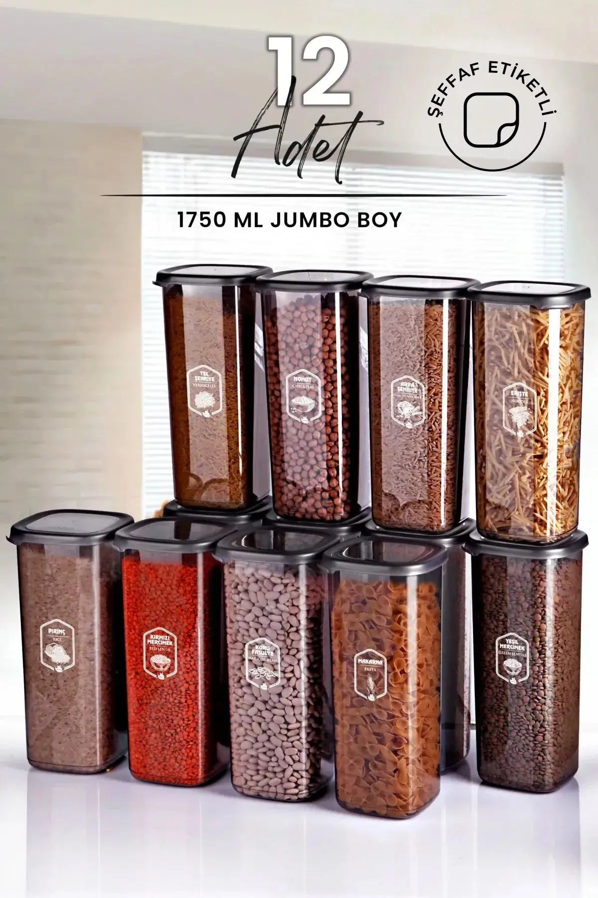 Set de 12 Grandes Boîtes de Rangement Alimentaire Carrées avec Étiquette-1700 ml-Couvercle Rigide Grand Bocal