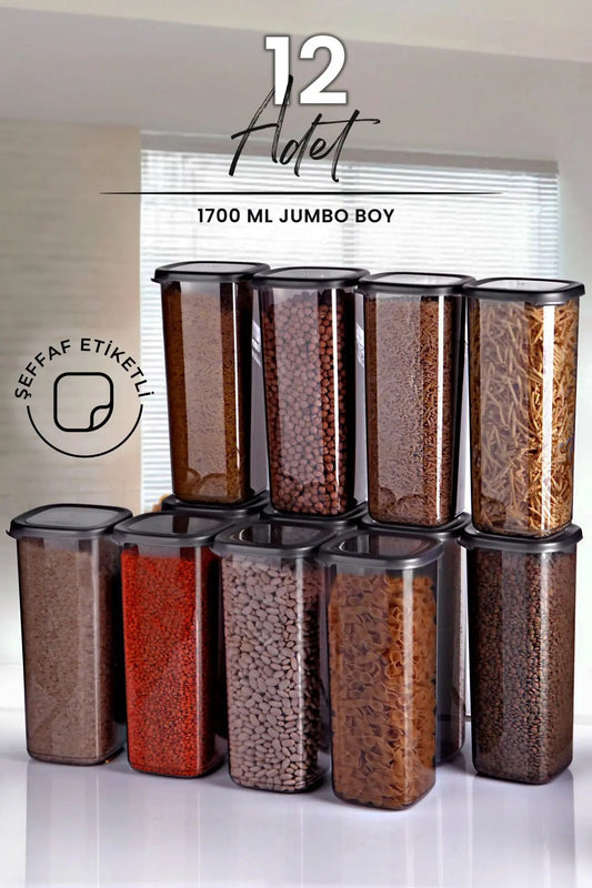 Set de 12 Grandes Boîtes de Rangement Alimentaire Carrées avec Étiquette-1700 ml-Couvercle Rigide Grand Bocal