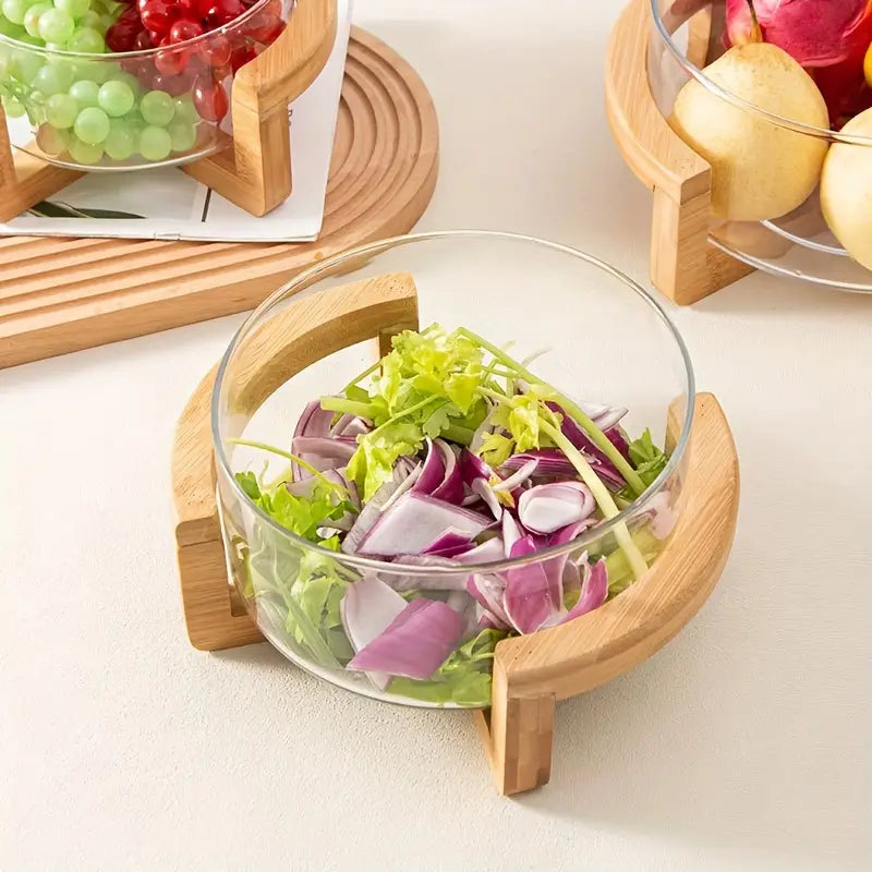 🥗 Plateaux de Fruits & Salades en Verre avec Base en Bambou 🌿