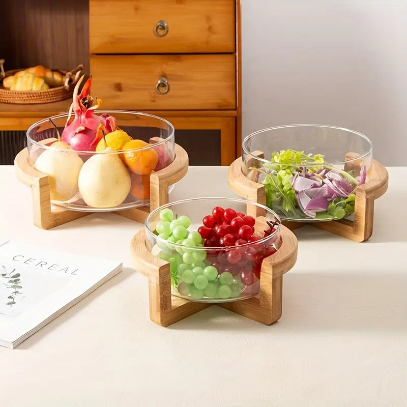 🥗 Plateaux de Fruits & Salades en Verre avec Base en Bambou 🌿