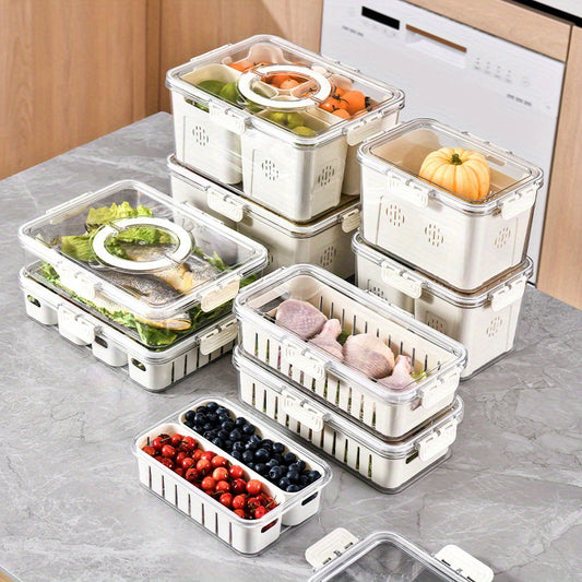 1pc Large 3-Grid Refrigerator Fresh-Keeping Drain Grid, Large Transparent Sealed Dust-Proof And Moisture-Proof Storage Box, Small 2-Grid Transparent Vegetable, Fruit, Fresh-Keeping Box, Built-In Partitions Can Be Used Separately