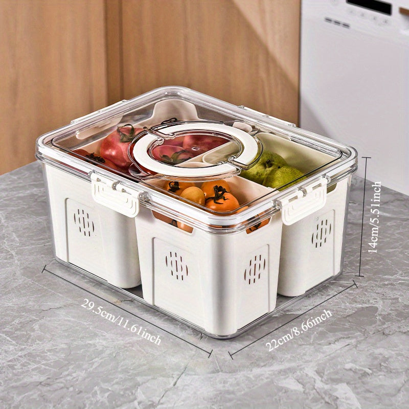 1pc Large 3-Grid Refrigerator Fresh-Keeping Drain Grid, Large Transparent Sealed Dust-Proof And Moisture-Proof Storage Box, Small 2-Grid Transparent Vegetable, Fruit, Fresh-Keeping Box, Built-In Partitions Can Be Used Separately