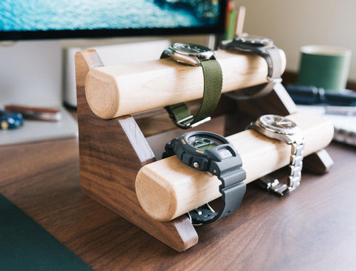 PRÉSENTOIR À MONTRES ET BRACELETS - DOUBLE NIVEAU EN BOIS MASSIF