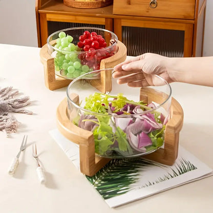 🥗 Plateaux de Fruits & Salades en Verre avec Base en Bambou 🌿