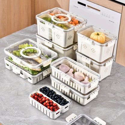 1pc Large 3-Grid Refrigerator Fresh-Keeping Drain Grid, Large Transparent Sealed Dust-Proof And Moisture-Proof Storage Box, Small 2-Grid Transparent Vegetable, Fruit, Fresh-Keeping Box, Built-In Partitions Can Be Used Separately