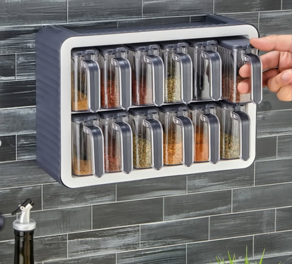 12 Pièces Ensemble de Bocaux à Épices Autocollants avec Support, Couvercles et Cuillères - Bocaux à Épices avec Poignée et Étiquette